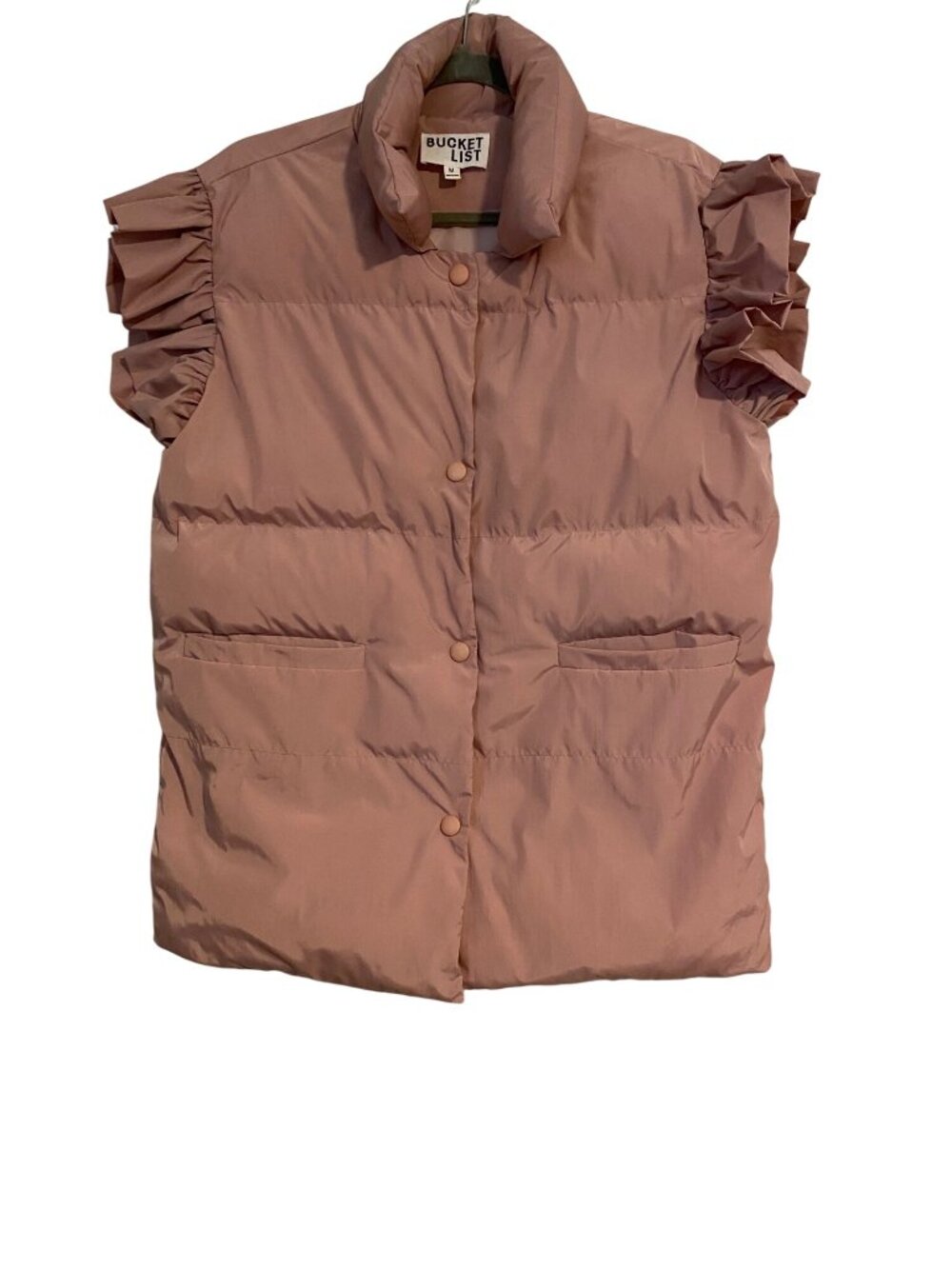 Bucket List Women's M Rose Pink Ruffle Sleeve Puffer Vest Pockets Outerwear Boho